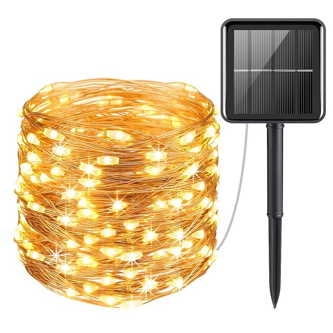 Solar Powered String Lights, 100 LED Copper Wire Lights, Starry String Lights, Indoor/Outdoor Waterproof Solar Decoration Lights for Gardens, Home, Dancing, Party (Warm White)