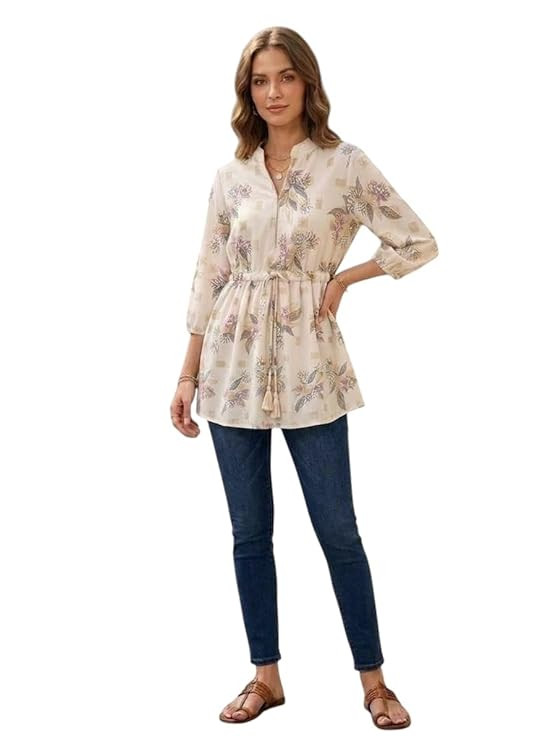 'Women's Lvory Bloom Tunic Top, Cream, 3/4 Sleeves, Drawstring Waist, Casual Wear Size-M
