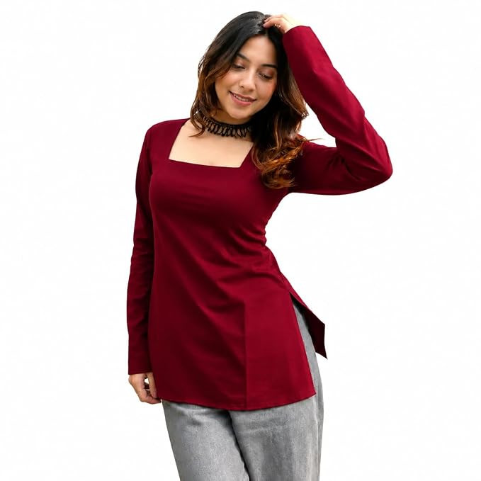 Women’s Square Neck Long Sleeve Kurti Top | Stylish Side Slit Tunic for Casual Available in Black & Maroon