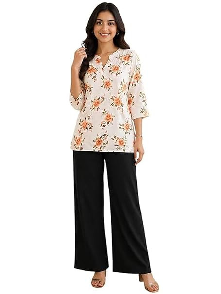 Women’s Flower Print Short Kurti Palazzo Set | Stylish 2-Piece Outfit for Casual & Daily Wear