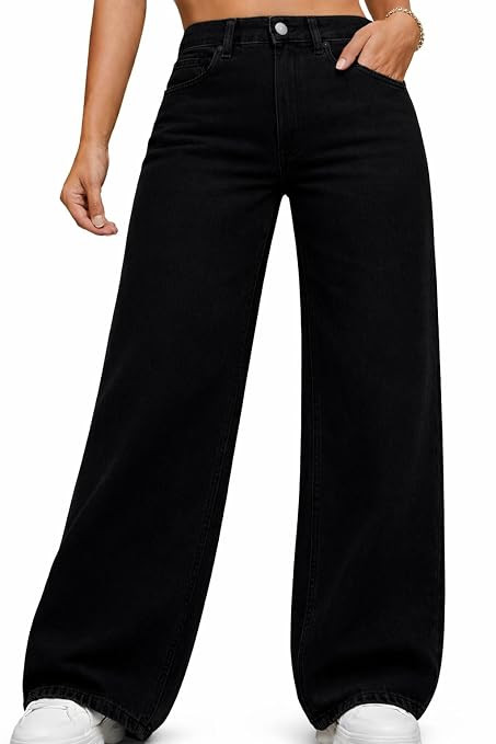 Women High Waist Straight Fit Wide Leg Jeans | Dark Black Z Black Stretch Denim | Trendy Baggy Jeans for Women | Premium Casual Street wear Pants
