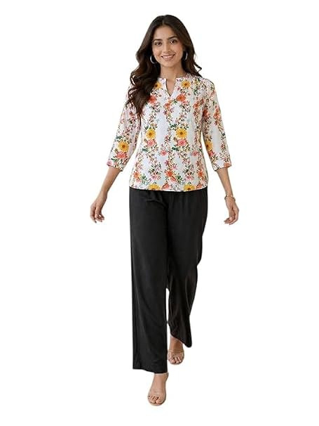 Women’s Flower Print Short Kurti Palazzo Set | Stylish 2-Piece Ethnic Outfit for Women | Casual, Office & Daily Wear Set