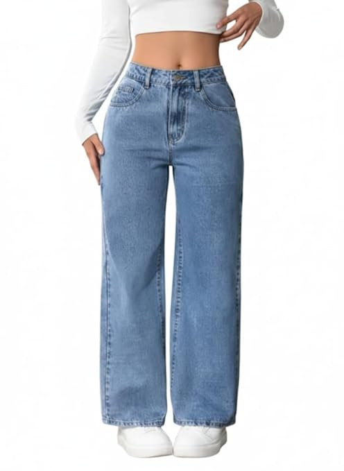 Ice Blue High Waist Wide Leg Denim Jeans for Women.