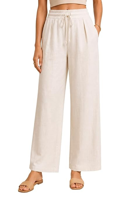 Women's Cotton Blend Wide Leg Pant, Off White, High-Rise Elastic Waist with Drawstring, Relaxed Palazzo Trouser, Sizes M-3XL