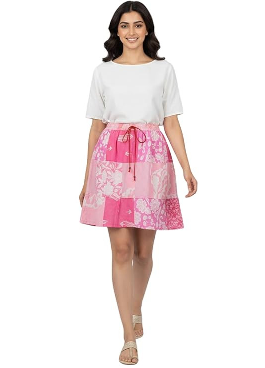 Women's Cotton Elastic Waist Printed Design Short Skirt for Casual Wear
