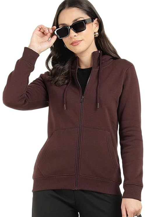 Women Solid Hooded Anti Odour Fleece Front-Open Sweatshirt