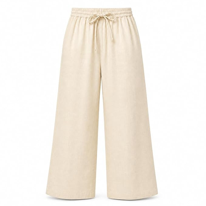 Women Linen Wide Leg Pants High Waist Drawstring Elastic Waist Trousers Breathable Lightweight Summer Palazzo Pants Casual Travel Lounge Wear with Pockets