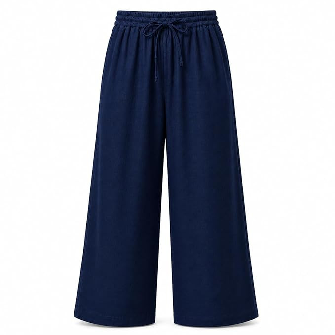 Women Linen Wide Leg Pants High Waist Drawstring Elastic Waist Trousers Breathable Lightweight Summer Palazzo Pants Casual Travel Lounge Wear with Pockets