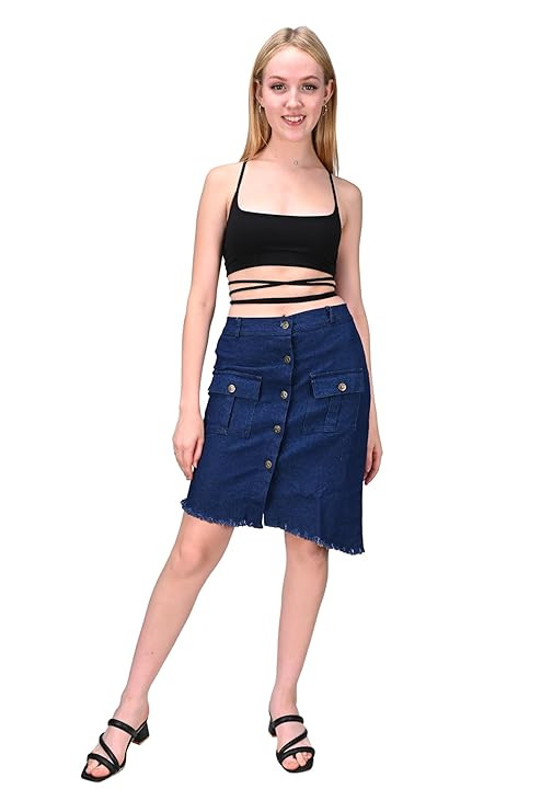 Women's A-Line High-Rise Non-Stretchable Denim Midi Skirt | Casual Elastic A-line Short Fit | Denim Skirt with 2 Pocket | Stylish Fit OCC