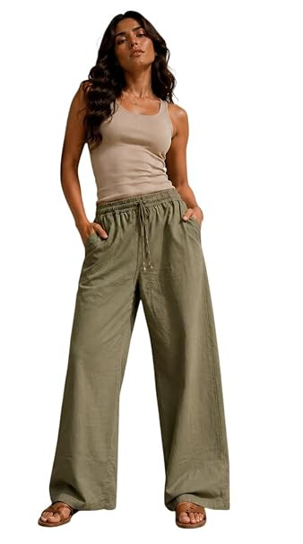 Women's Wide Leg Trousers Cotton Linen Blend High Waist Drawstring Palazzo Pants | Loose Fit Casual Straight Baggy Trouser for Daily & Office Wear