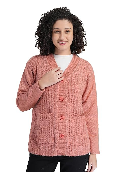Women's Woolen V-Neck Buttoned Full Sleeve Cardigan Self Design Soft Wool Fabric Winter Wear Pure Wool Sweater Fully Warm with Front Pockets Stylish Cardigan