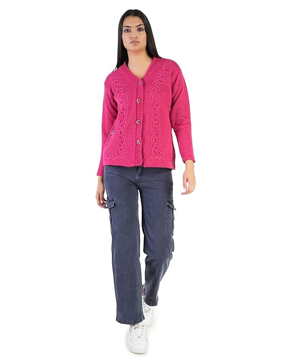 Women's Woolen V-Neck Buttoned Full Sleeve Cardigan Self Design Soft Wool Fabric Winter Wear Pure Wool Sweater Fully Warm with Front Pockets Stylish Cardigan