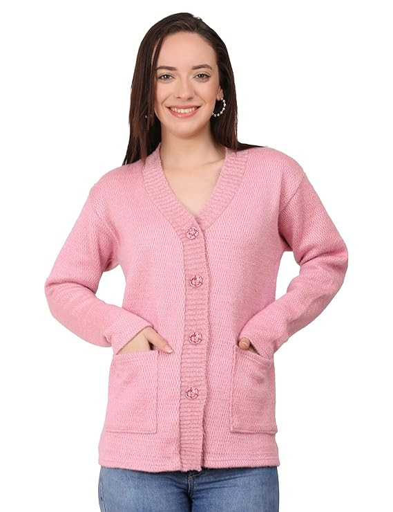 Women's Woolen V-Neck Buttoned Full Sleeve Cardigan Self Design Soft Wool Fabric Winter Wear Pure Wool Sweater Fully Warm with Front Pockets Stylish Cardigan