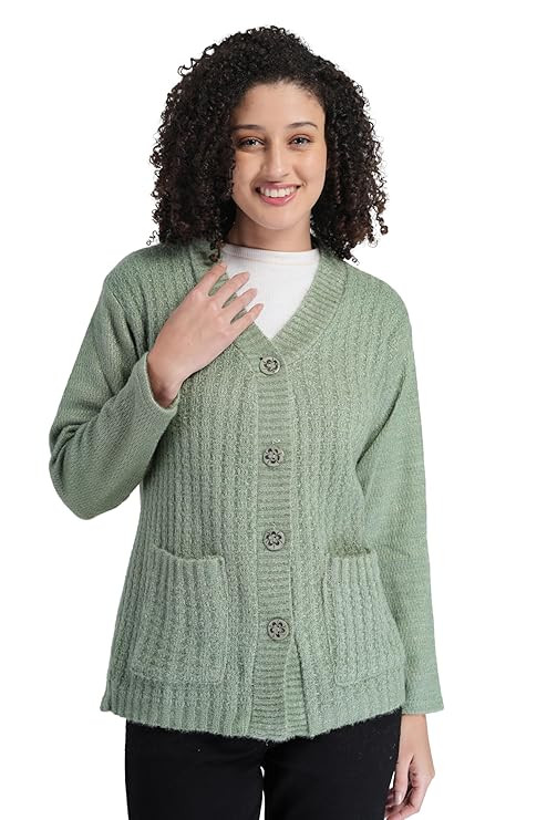 Women's Woolen V-Neck Buttoned Full Sleeve Cardigan Self Design Soft Wool Fabric Winter Wear Pure Wool Sweater Fully Warm with Front Pockets Stylish Cardigan