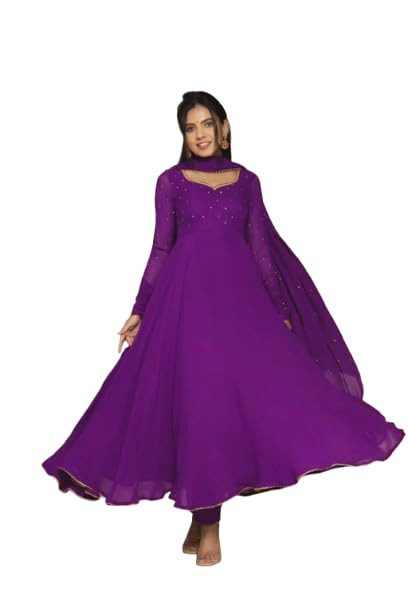 Women's Plus Size Georgette Gown with Dupatta | Georgette Ethnic Dress with Moti Lace Work | Soft & Comfortable Fit