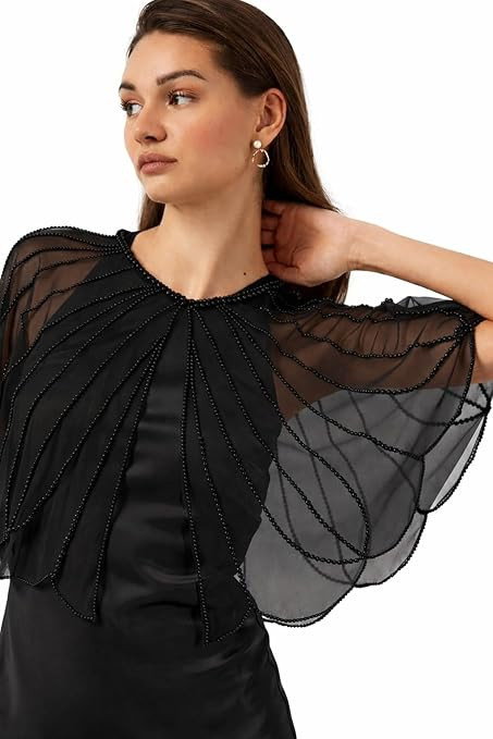 Women's Pearl Embellished Sheer Cape Shrug | Elegant Black Beaded Overlay for Party & Occasion Wear