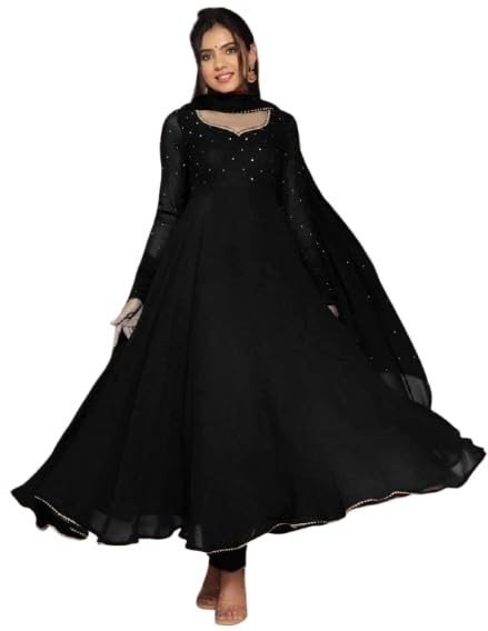 Women's Plus Size Georgette Gown with Dupatta | Georgette Ethnic Dress with Moti Lace Work | Soft & Comfortable Fit