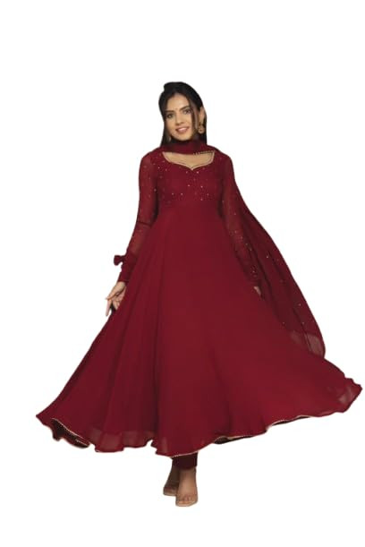 Women's Plus Size Georgette Gown with Dupatta | Georgette Ethnic Dress with Moti Lace Work | Soft & Comfortable Fit
