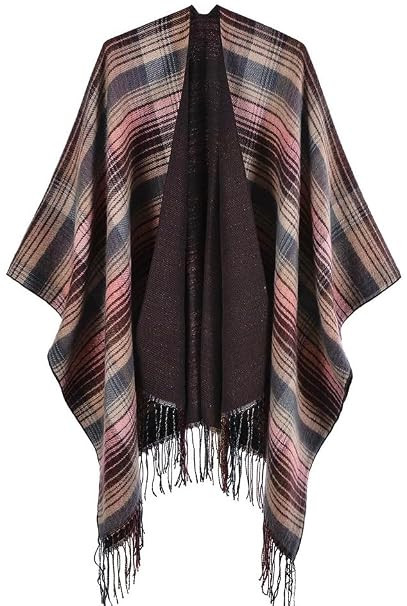Women's Color Block Warm Shawl Wrap Poncho Cape Open Front Long Winter Coat