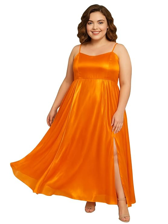 Women Plus Size Gown | Organza | Slit | One Piece Dress | Fit & Flared | Western Stylish (Orange)