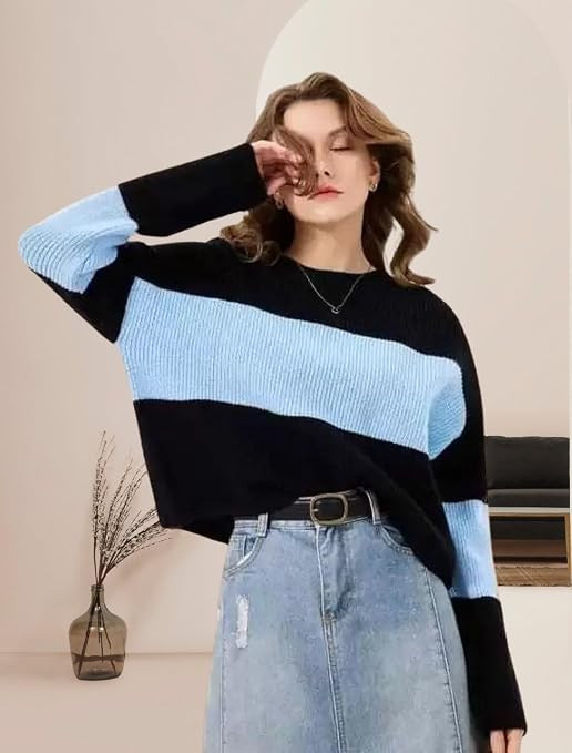 Women's Striped Knit Sweater, Black and White Colour Block, Round Neck, Long Sleeve Pullover