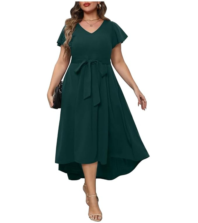 Women Plus Size V-Neck High-Low Maxi Maxi Gown Dress