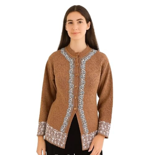 Women's Embroidered Cardigan for Winter, Warm Knit Sweater, Floral Designed Buttoned Front Open, Arcrylic Woolblend, Modern Style