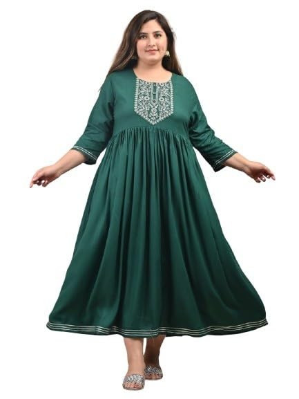 Plus Size Green Embroidered Rayon Anarkali Gown Kurta for Women | Flared Ethnic Maxi Dress | 3XL to 10XL
