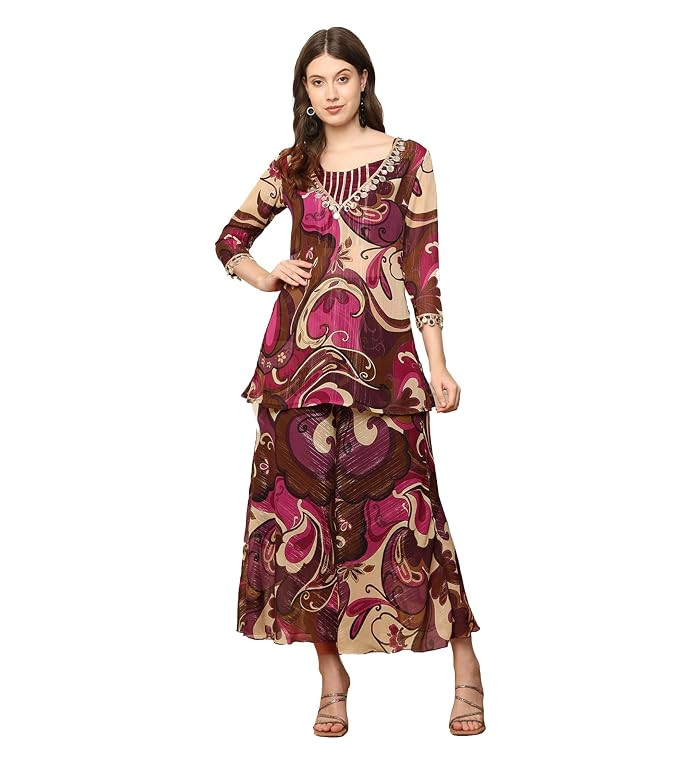 Georgette Kurti with Crop Top & Palazzo Indo Western Co-Ord Set for Women's|Deep V Neck|Ladies Party Outfits Ethnic Summer Collection Stylish Fusion Wear