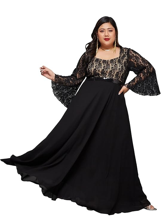Women's Self-Designed Relaxed Fit V-Neck 3/4th Sleeve Georgette and Lace Maxi Dress