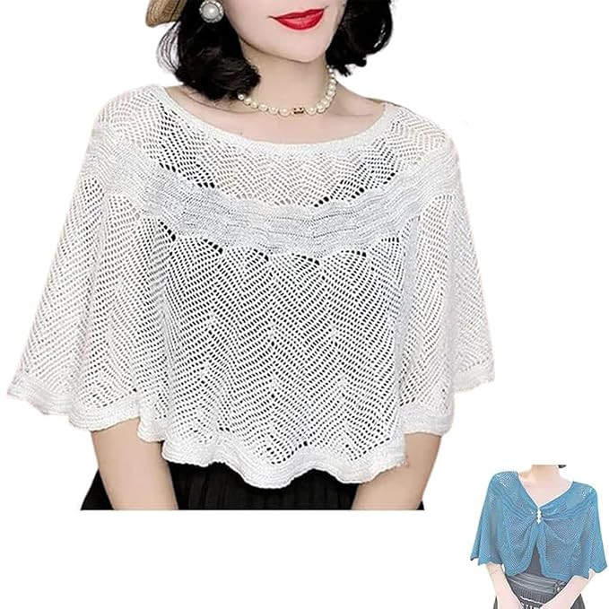 Cape For Women, Shrug For Woman, Knitted Sun-Proof Ice Silk Shawl, Women's Shawl Knit Open, Hollow Knit Shawl Female Summer Wrap Women's Cape For Dress Decoration (White)