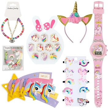 28 Pcs Unicorn Combo Gift Set Featuring 14 Hair Clips, 10 Mini Hair Claw, 2 Bracelet, 1 Horn Hairband, and 1 Digital Watch for Kids Perfect Magical Gift Set