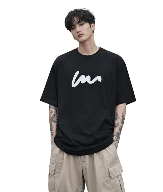 Men's Oversized T Shirt Polycotton Signature Stroke Script Print Loose Fit Half Sleeve Round Neck Casual Stylish Graphic Tee