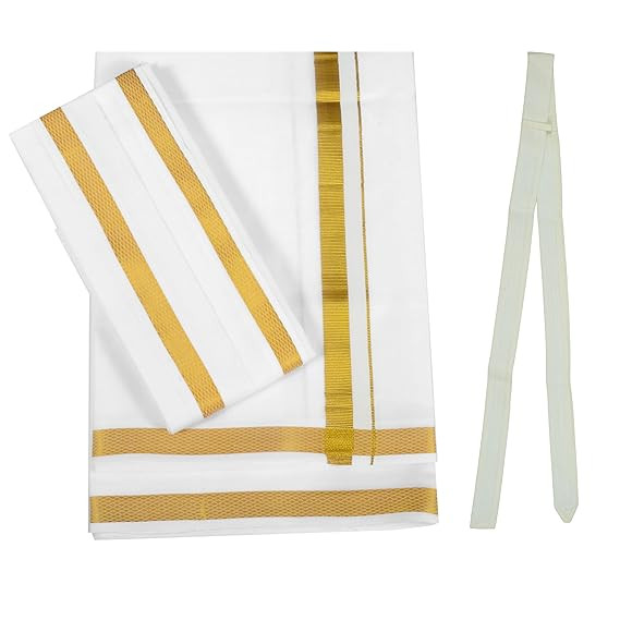 100% Cotton Dhoti for Men | Veshti | Mundu| Lungi for men cotton | Gold Zari Border | Perfect for Weddings, Festivals, Pooja| Dhoti for Men Cotton| 2 Meter With Velcor Belt
