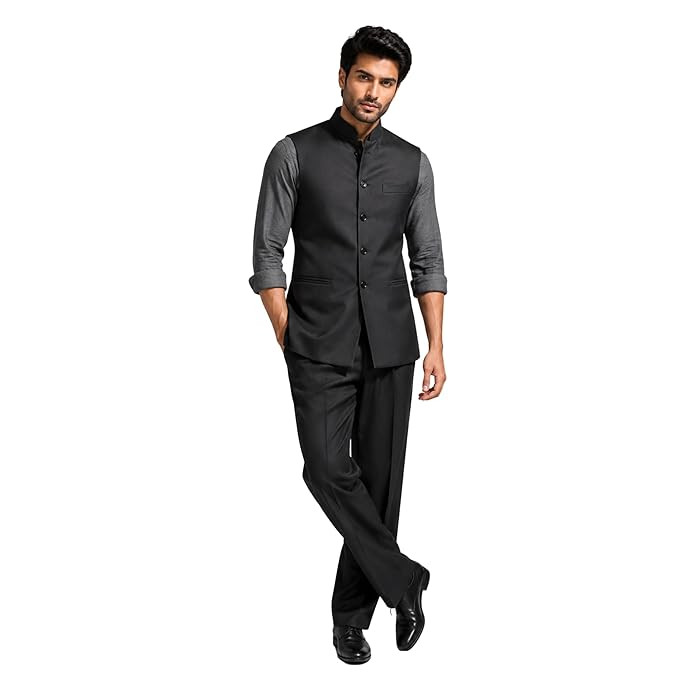 Men Black Nehru Jacket | Ethnic Waistcoat for Men | Mandarin Collar Sleeveless Jacket | Stylish Festive Wedding Party Wearing Jacket