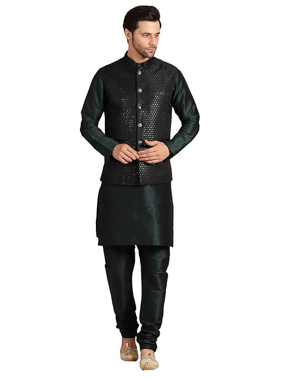 men's Silk Blend Kurta Pejama & Waistcot Set