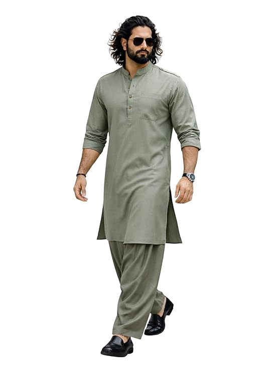 Men Cotton Pathani Kurta with Silk Blend Patiala | Festive Set
