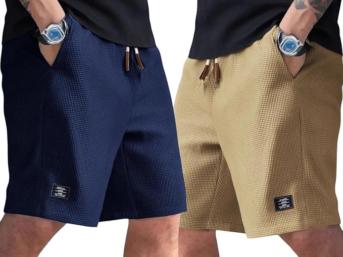 Men's Waffle Knit Casual Shorts with Drawstring, Grey and Black, Pack of 2
