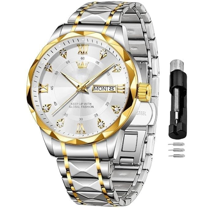 Luxury Watches for Men Diamond Date Day Calendar White Wrist Watches Quartz Analog Stainless Steel Business Two Tone Waterproof Luminous Men Watch