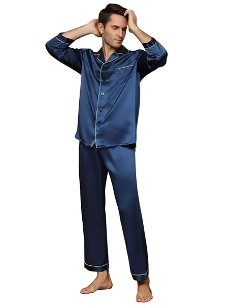 Pajamas Set, Long Sleeve Satin Pajamas for Men Sleepwear Button Down Pjs Set Night Suit Night Dress for Men