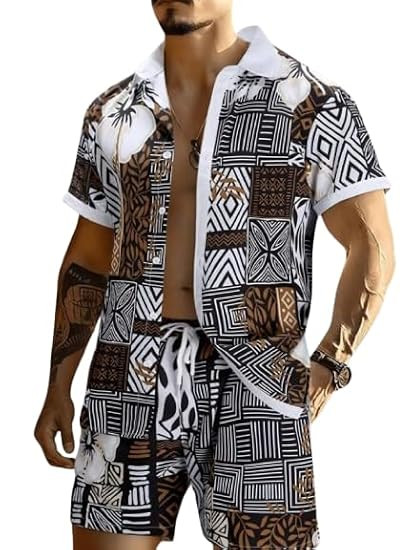 Men’s Printed Co-Ord Set | Plus Size Casual Shirt & Shorts Set | Nightwear Pajama Suit, Loungewear, Beachwear & Vacation Outfit Design No Shirt-Short Set10-Parent