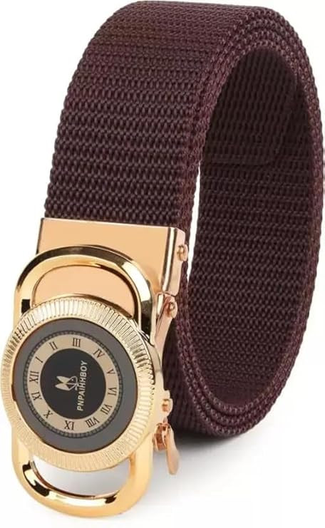 Men's Brown Nylon Belt with Gold Roman Numeral Clock Buckle, Casual Dress Belt
