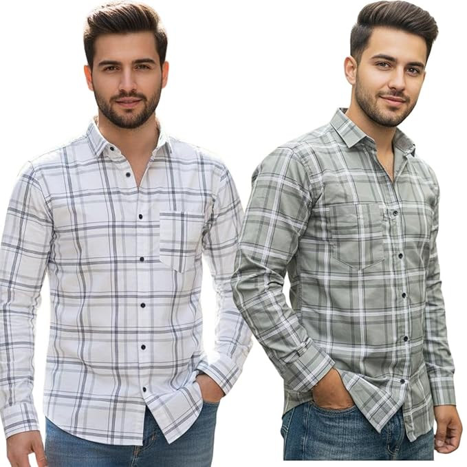 Pack of 2 Men’s Cotton Fabric Button-Down Full Sleeve Collar Neck Regular Fit Checked Print Shirt
