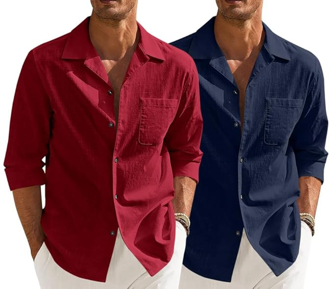 Combo of Men’s Casual Cotton Blend Shirt || Long Sleeve Button Down with Spread Collar | Lightweight Breathable Fabric | Stylish Solid Shirt for Beach, Office & Everyday Wear Pack of 2
