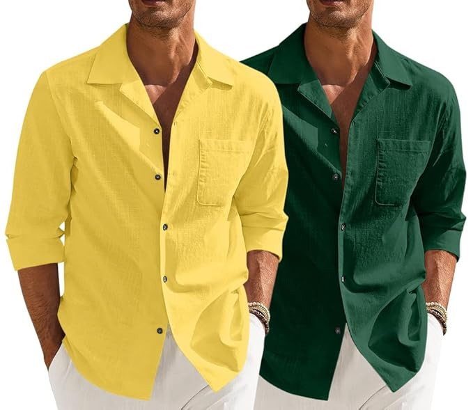 Combo of Men’s Casual Cotton Blend Shirt || Long Sleeve Button Down with Spread Collar | Lightweight Breathable Fabric | Stylish Solid Shirt for Beach, Office & Everyday Wear Pack of 2
