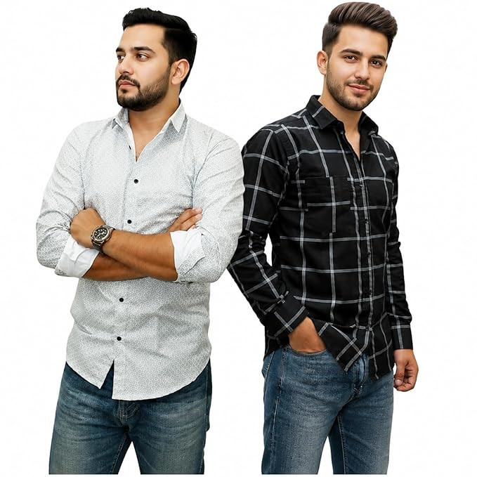 Pack of 2 Men's Cotton Fabric Button Down Full Sleeve Collar Neck Regular Fit Check & Dotted Printed Combo Shirt