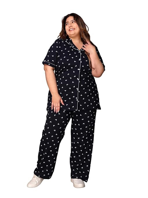 Women Pure Cotton Printed Nightsuit, Relaxed Fit Plus Size, Short Sleeve Shirt & Pyjama Set, Breathable Comfort, with Pockets