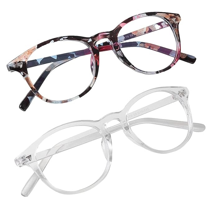 Round Computer Bluelight Blocking Glasses Spectacle Frames For Men's & Women's (2, Clear & Multy, medium)(STAG FLORAL & CLEAR C BOX_BZ)