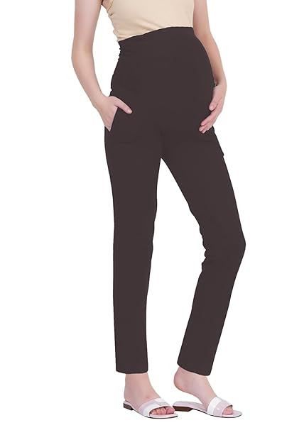 Women's Cotton Lycra Maternity Pants – Comfortable, Seam-Free, High Waist Support, Pockets and Stretchable Pregnancy Pants for Pre & Post Pregnancy