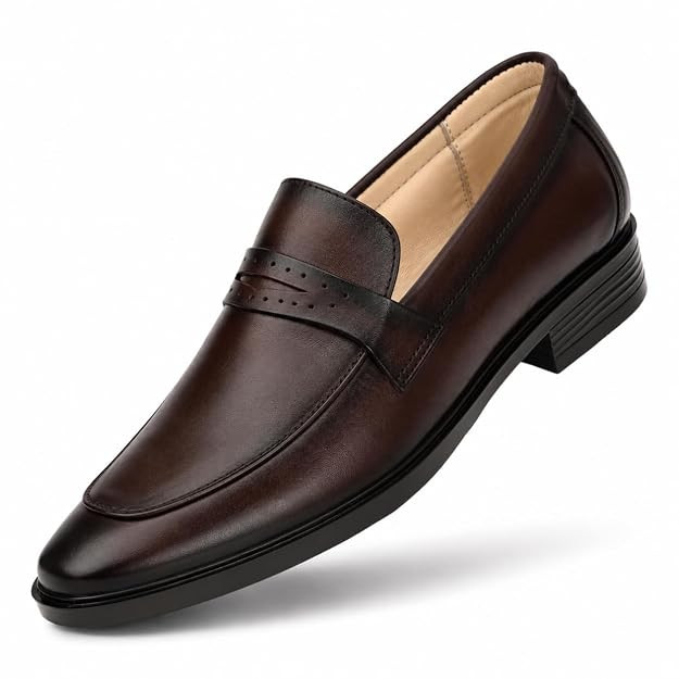 Men's Genuine Leather Penny Loafers Slip-On Formal Shoes | Office Business Comfortable Durable Brown